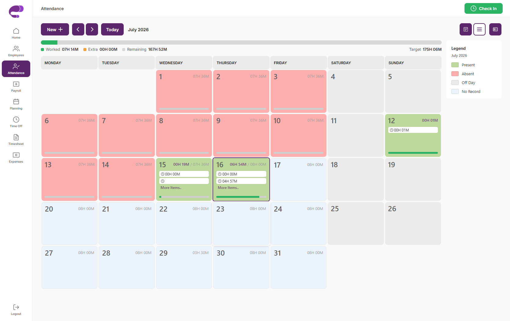 Kiwlor Odoo HR attendance calendar