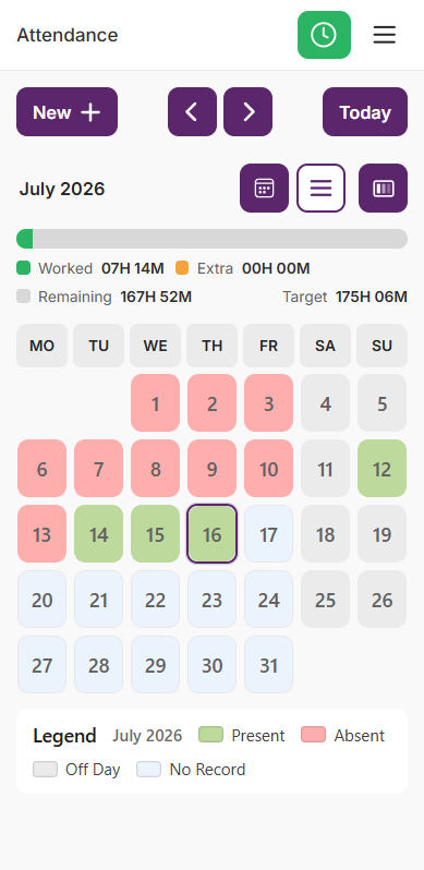 Kiwlor mobile attendance calendar